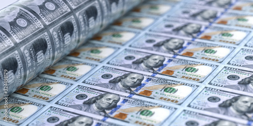 United States 100 dollar bills printing 3D illustration with american money printing press, uncut us dollars sheet closeup. US economy, banking, finance, tax, stock market, business investment concept