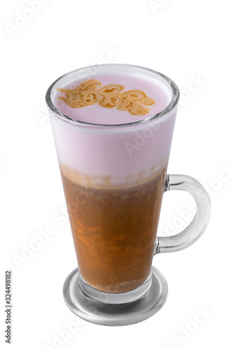 transparent glass with coffee espresso, frothed milk, pink syrup, whipped cream and topping isolated on a white background, template for summer drink menu of cafe and restaurant