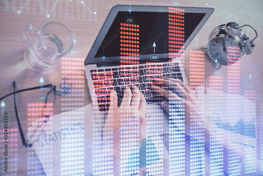 Multi exposure of forex graph with man working on computer on background. Concept of market analysis. Multi exposure of forex graph with man working on computer on background. Concept of market analysis.