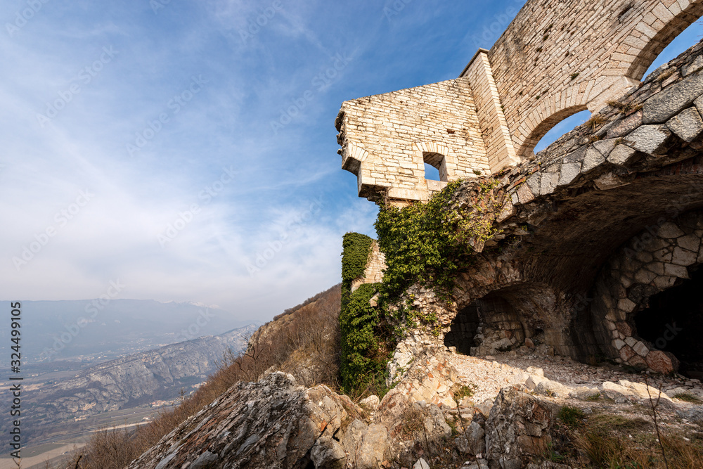 Fototapeta premium Old ruins of the Fort Mollinary (Forte di Monte) of the Austrian empire (1849-1852) built to protect the border on the Adige Valley near Verona, Veneto, Italy, Europe