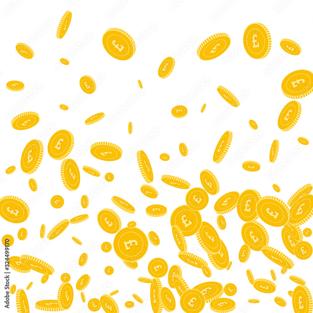 British pound coins falling. Scattered disorderly British pound coins falling. Scattered disorderly