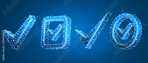 Set of Checkmark symbols. Success, business agreement, ok sign, approval concept. Low poly, wireframe 3d vector illustration. Abstract, polygonal image on blue neon background
