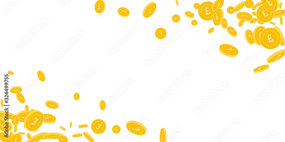British pound coins falling. Scattered floating GB British pound coins falling. Scattered floating GB