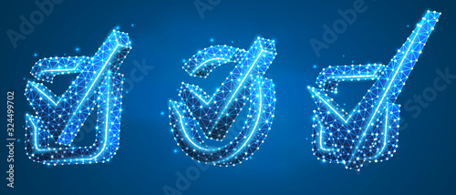 Set of Checkmark symbols, square and circle boxes. Success, business agreement, ok sign, approval concept. Low poly, wireframe 3d vector illustration. Abstract, polygonal image on blue neon background