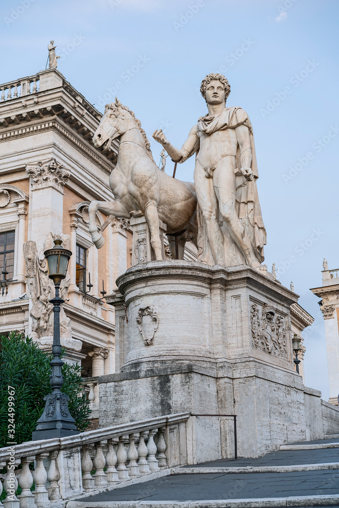 marble statue of Dioscur, patron saint of republican Rome in the center of the Italian capital