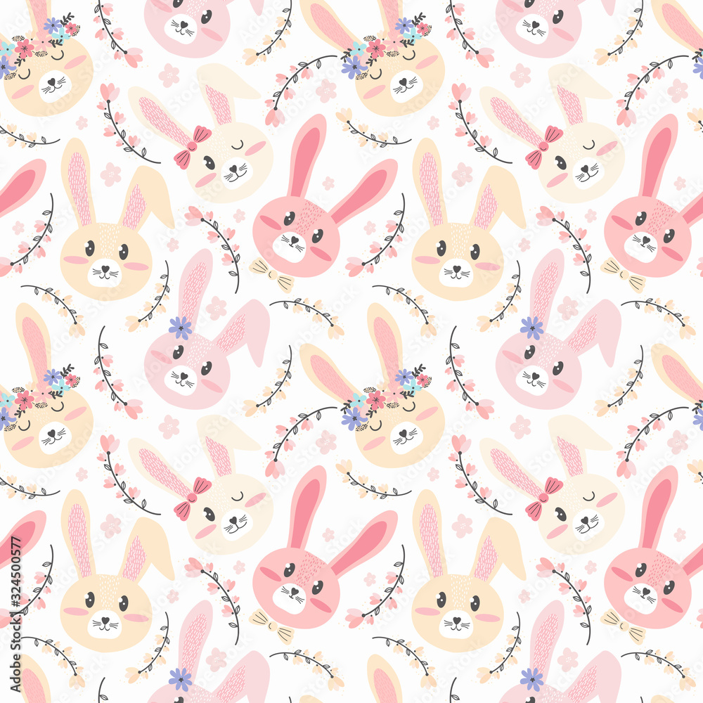 Seamless pattern cute Easter pink and yellow bunnies with flowers. Festive spring background in Scandinavian hand drawn style. Face close up cartoon character. Little cartoon rabbit. Happy Easter Seamless pattern cute Easter pink and yellow bunnies with flowers. Festive spring background in Scandinavian hand drawn style. Face close up cartoon character. Little cartoon rabbit. Happy Easter