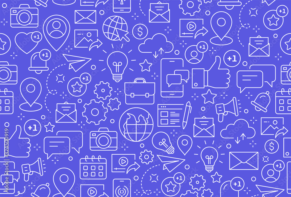 Seamless pattern with line design social media icons isolated on blue ...