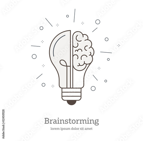 Creative Brain - half brain half light bulb representing ideas. Vector line design style. Symbol of creativity, creative idea, thinking.