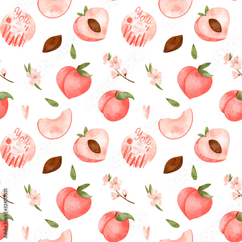 Fototapeta Naklejka Na Ścianę i Meble -  Digital art cute peach seamless pattern on a white background. Print for fabrics, packaging paper and packages, posters, cards, invitations, clothes, covers, web design.
