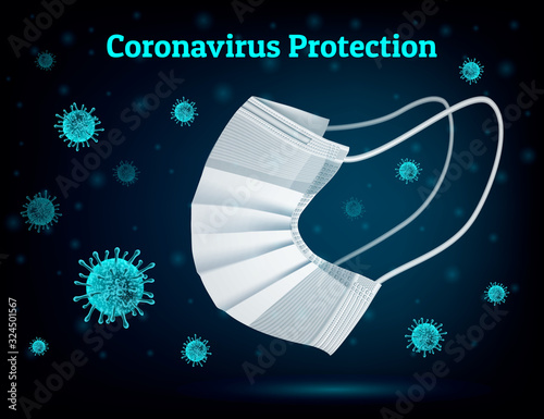 Medical mask to protect people from viruses, coronavirus and polluted air. Side view. 3D volumetric realistic image. Realistic on a dark background. Vector illustration.