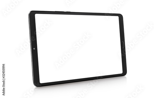 Black tablet computer with blank screen, isolated on white background photo