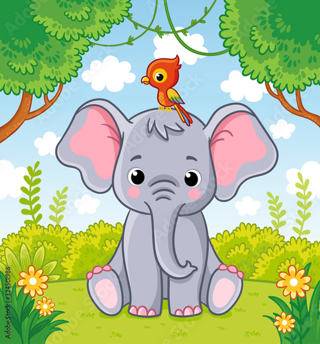 Little cute elephant sits in a clearing in the jungle with a parrot on his head.