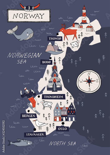 Cartoon Norway vector map. Travel Scandinavia concept. Nordic culture elements and landmarks set. Lighthouse, flora and fauna, church, skiing, scandinavian house. Hand drawn doodle style illustration.