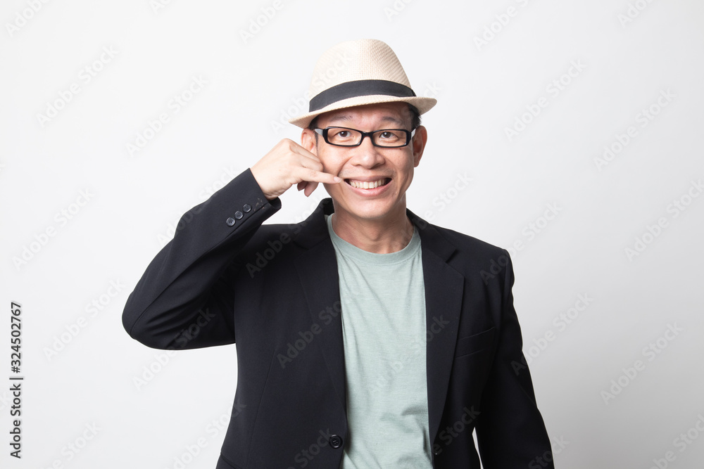 adult asian man show with phone gesture.