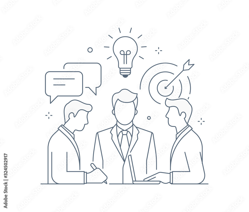 Business people meeting design ideas concept. Vector line design style isolated icon stock illustration.