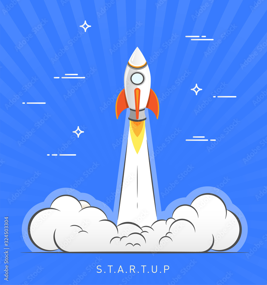 Obraz premium Business startup concept. Flat design rocket launch vector illustration.