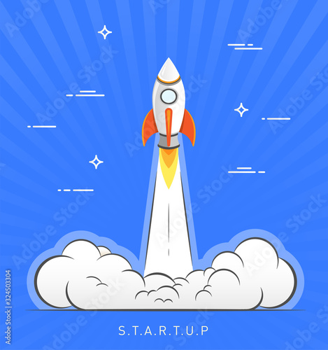 Fototapeta Naklejka Na Ścianę i Meble -  Business startup concept. Flat design rocket launch vector illustration.