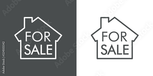 Icono plano lineal casa con texto FOR SALE en fondo gris y fondo blanco