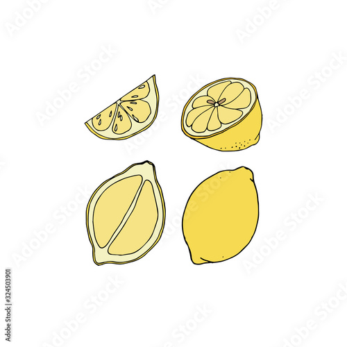 Set yellow lemons with piece on a white background. Vector summer fresh tropical citrus fruits eps illustration.