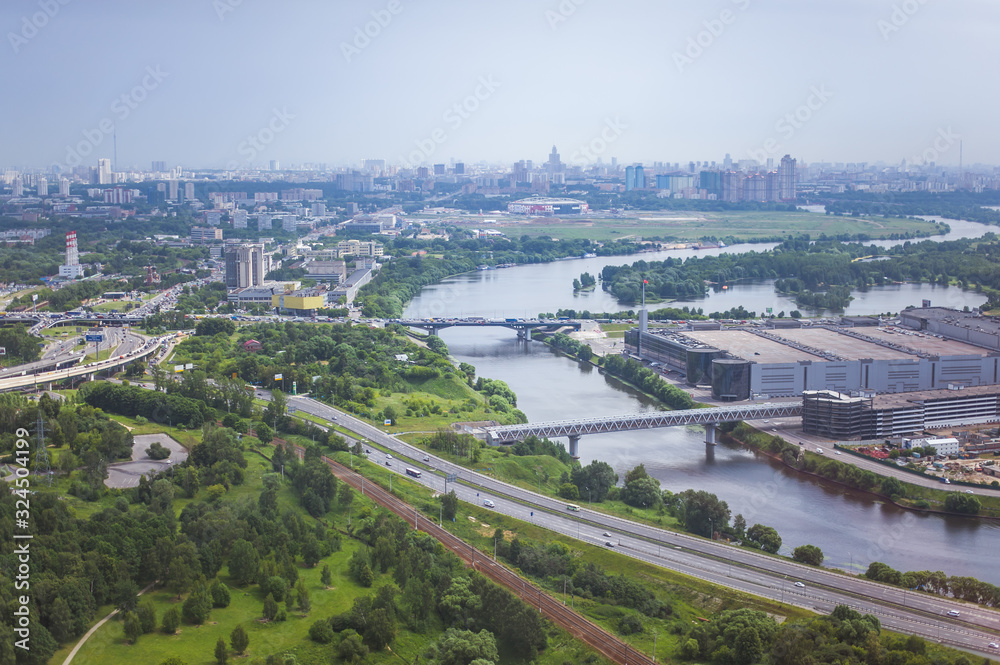 Beautiful summer panoramic landscape. Bird's-eye view of Myakininsky metro bridge and Spassky bridge