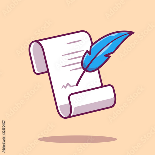 Parchment And Feather Pen Vector Icon Illustration. Feather Pen Writting On Paper. Tool Icon Concept White Isolated. Flat Cartoon Style Suitable for Web Landing Page, Banner, Flyer, Sticker, Card