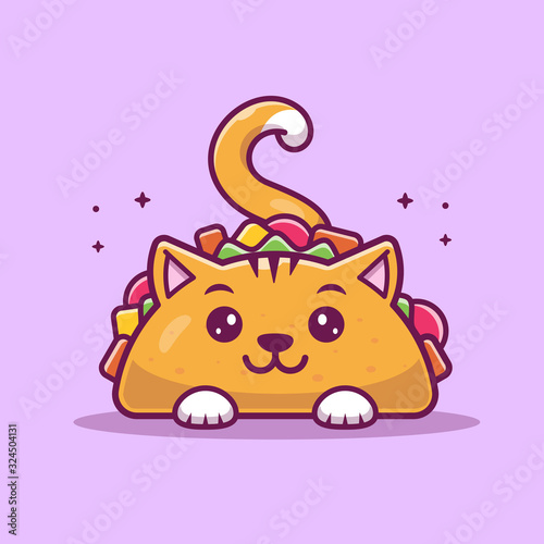 Cat Taco Mascot Cartoon Vector Icon Illustration. Cute Cat Taco Character. Animal And Food Icon Concept White Isolated. Flat Cartoon Style Suitable for Web Landing Page, Banner, Flyer, Sticker, Card