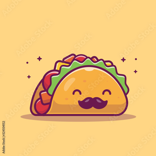 Taco Mustache Mascot Cartoon Vector Icon Illustration. Cute Taco Character. Food Icon Concept White Isolated. Flat Cartoon Style Suitable for Web Landing Page, Banner, Flyer, Sticker, Card