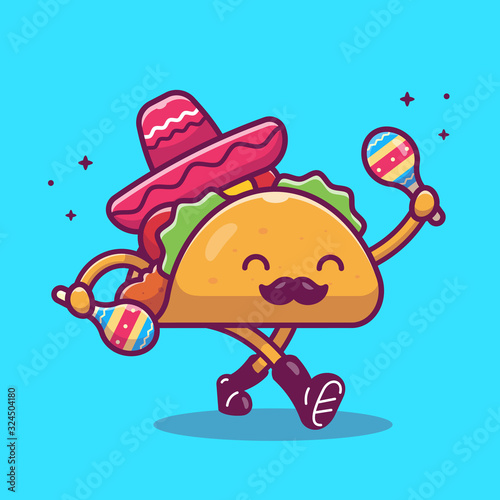 Taco Mustache Mascot Cartoon Vector Icon Illustration. Cute Taco Character And Maraca. Food Icon Concept White Isolated. Flat Cartoon Style Suitable for Web Landing Page, Banner, Flyer, Sticker, Card