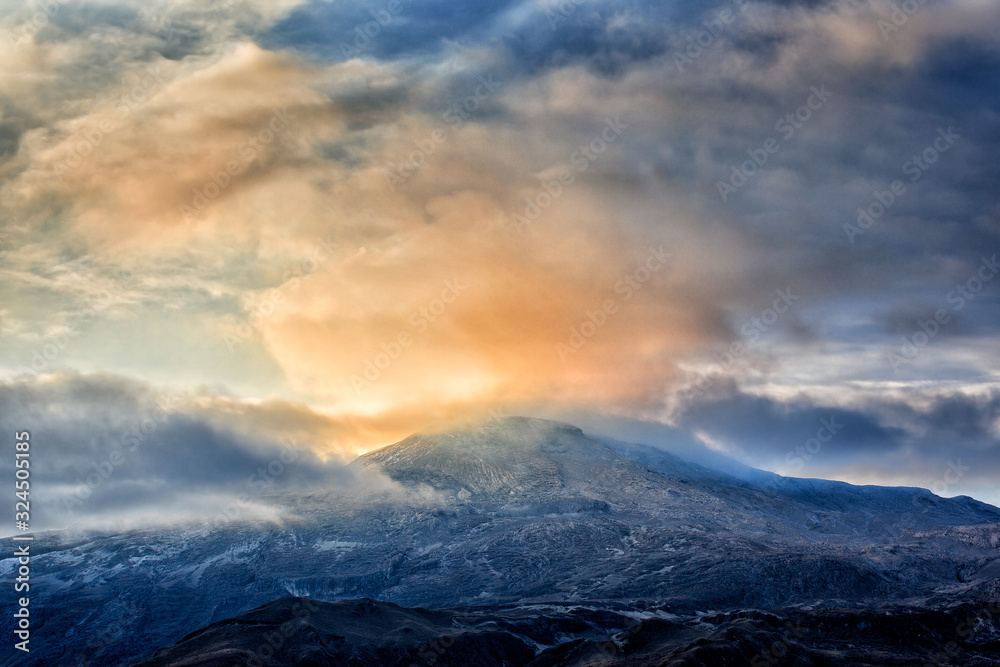 Looking down on Sierra Nevada de Santa Marta, high Andes mountains of the Cordillera, Paz, Colombia. Travel holiday in Colombia. Sunrise in the mountain.