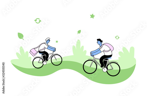 Two men riding bicycles on green background. Environmental problems  concern concept. Cartoon flat vector illustration. Isolated on white background.