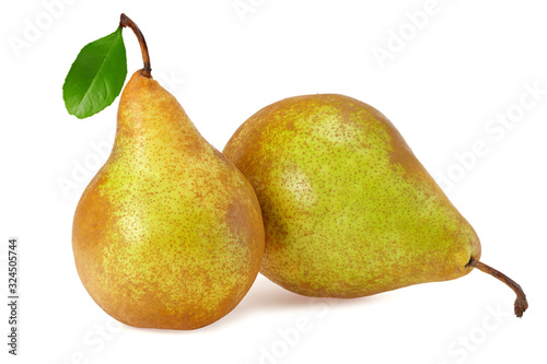ripe green pears with leaf isolated on white background.