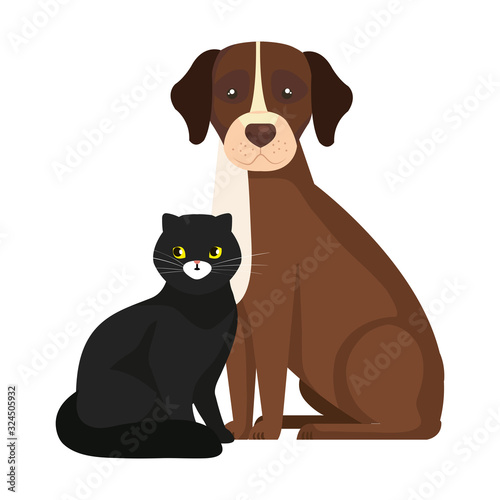 cute dog with cat black isolated icons vector illustration design