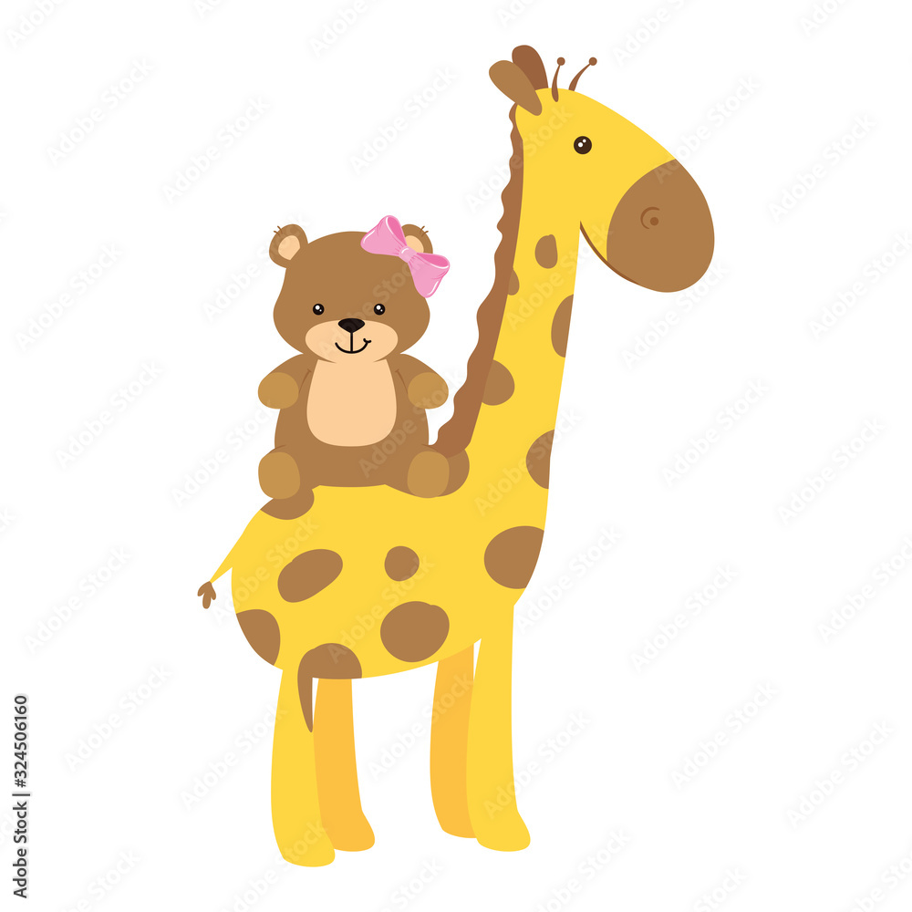 Naklejka premium cute giraffe with teddy bear female isolated icon vector illustration design