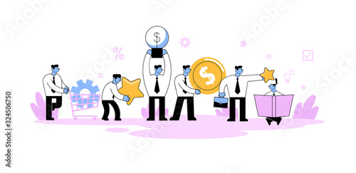 Businessmen putting knowledge into young man's head. Education, apprentice, internship, personal growth. Cartoon flat vector illustration. Isolated on white background.