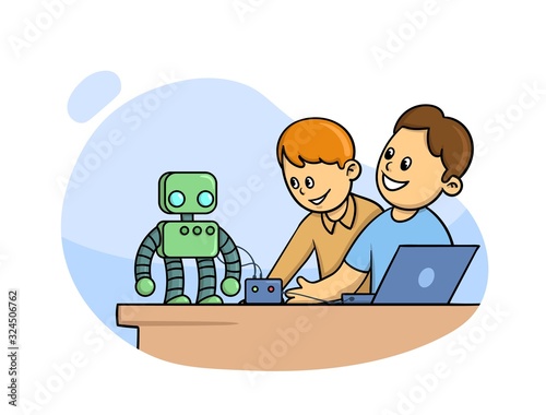 Photography Happy kids in classroom studying robotics, science with cute little robot in front of them