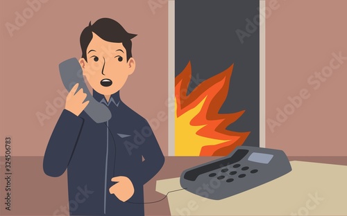 Young man calling for help oh a phone from apartment with fire in it. Fire safety measures. Cartoon flat vector illustration. Horizontal.
