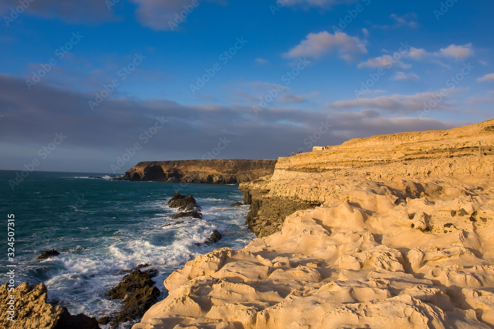Rock formations, limestone rocks on the cliffs near the fishing village of Ajuy, Fuerteventura, Canary Islands, Spain, Europe