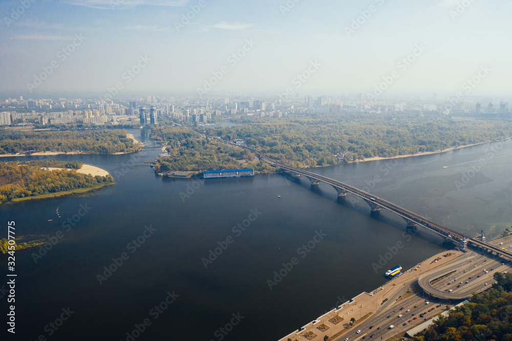 Flight over the Bridge in Kiev. Aerial photography