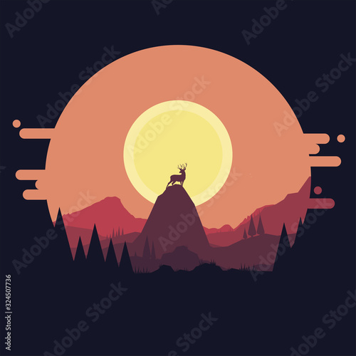 deer in the hill with moonlight flat design vector illustration 