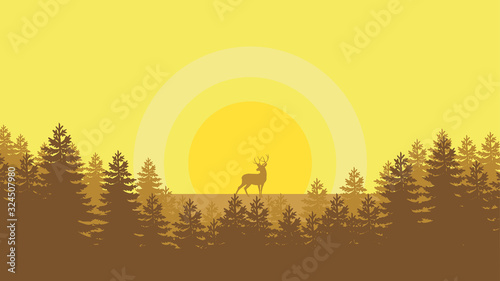Deers wildlife and silhouette forest abstract background.Nature and environment conservation concept flat design.Vector illustration