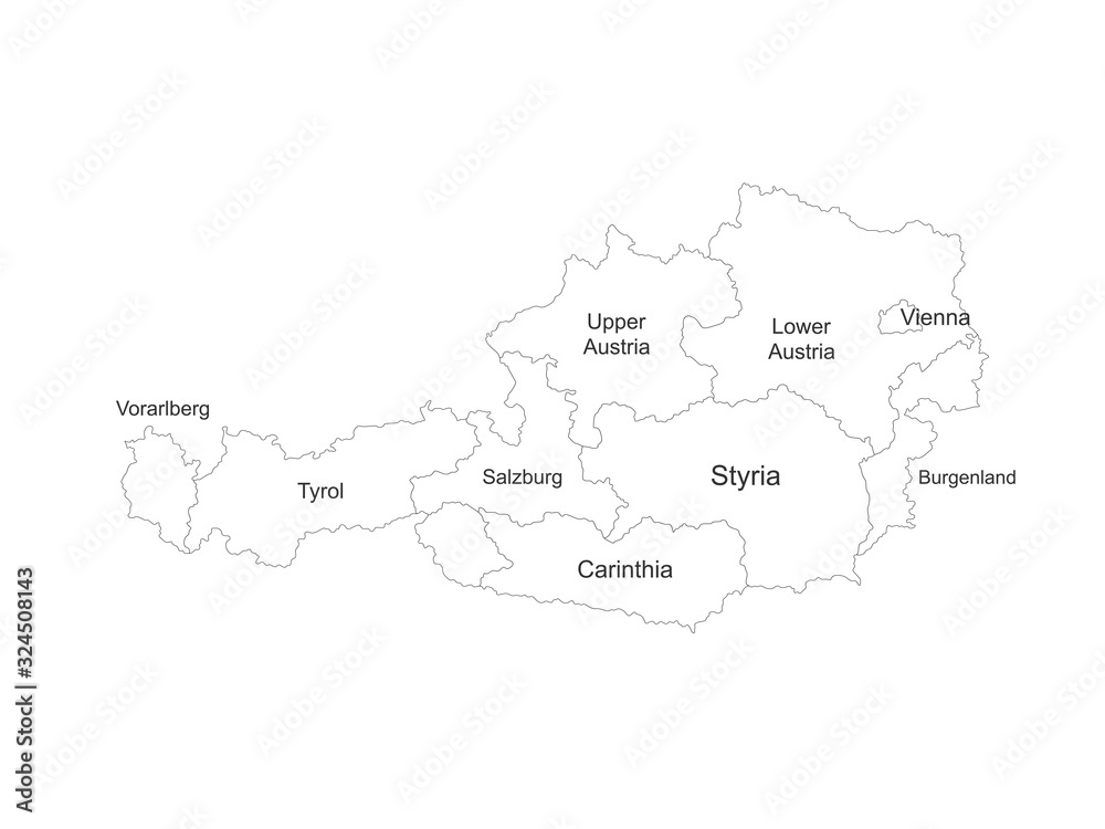 Austria political map with name labels. Perfect for business concepts, backgrounds, backdrop, poster, sticker, banner, label, chart and wallpaper.