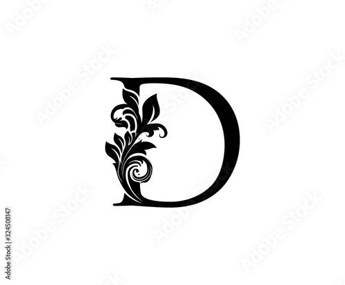 Classic Elegant letter D. Graceful royal style. Calligraphic beautiful logo. Vintage drawn emblem for book design, weeding card, brand name, business card, Restaurant, Boutique, Hotel. 