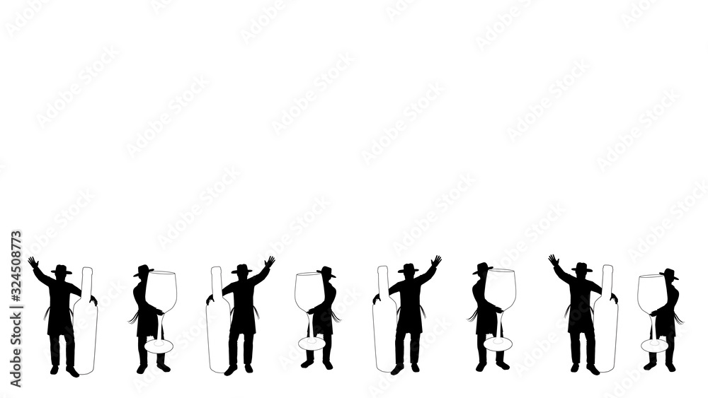 Eight black and white silhouettes of an ultra-Orthodox Jewish Hasidic figure. Dancing with a huge bottle of white wine. And with a huge glass of wine. Suitable for Jewish holidays, wedding banner