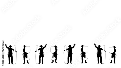 Eight black and white silhouettes of an ultra-Orthodox Jewish Hasidic figure. Dancing with a huge bottle of white wine. And with a huge glass of wine. Suitable for Jewish holidays, wedding banner