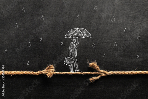 Illustrated businessman is walking on a thiny and frayed rope, metaphoring risky business life an capability of solving problems in balance.
