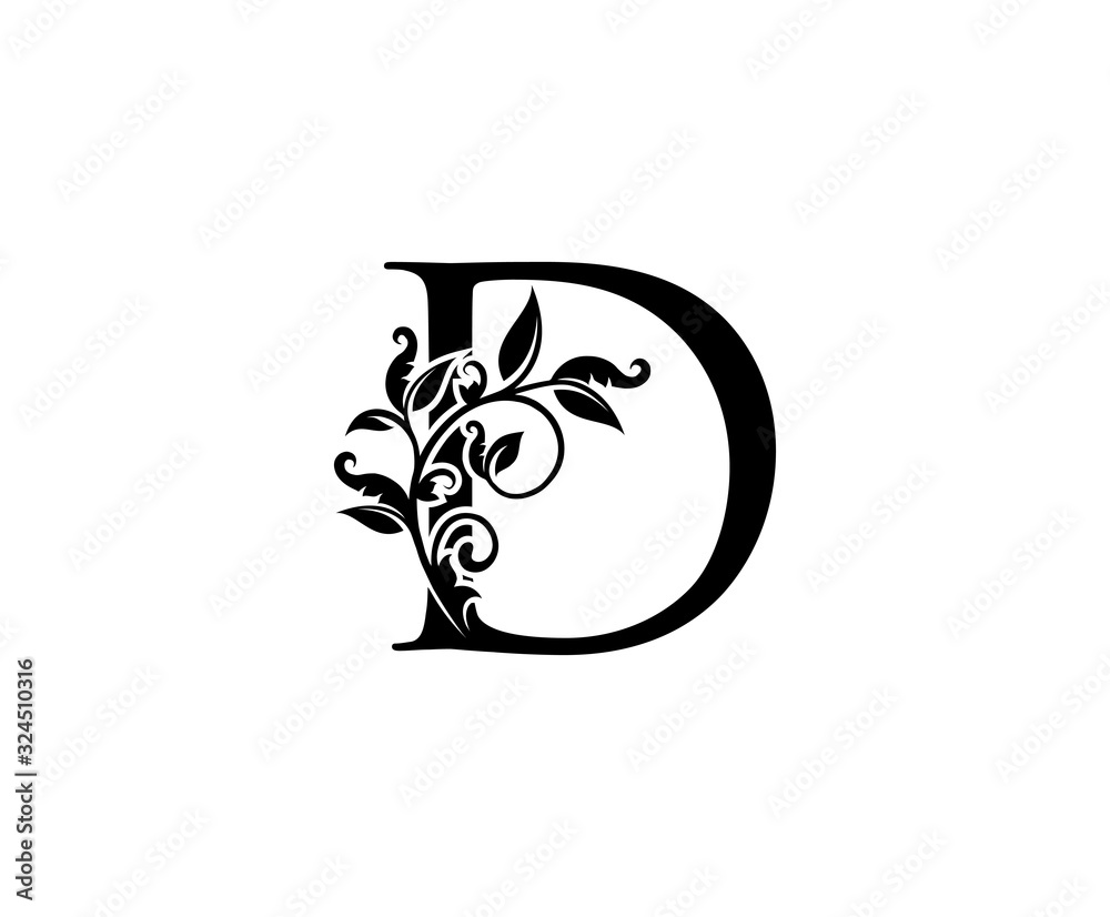 Fototapeta Classy Elegant letter D. Graceful royal style. Calligraphic beautiful logo. Vintage drawn emblem for book design, weeding card, brand name, business card, Restaurant, Boutique, Hotel.