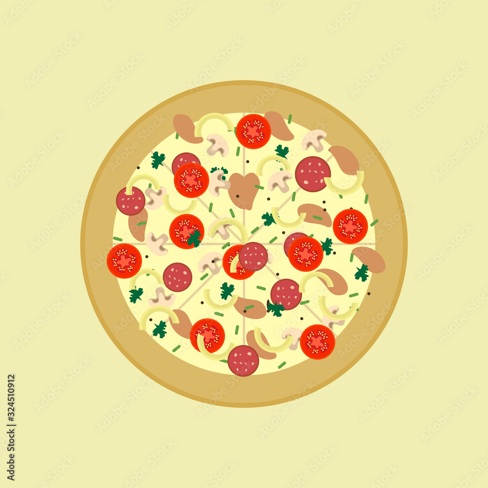 Whole pizza flat design. Fast food pizza dinner in cafe or restaurant, tasty fast food. Street junk meal and unhealthy fast food cartoon style. Whole pizza flat design. Fast food pizza dinner in cafe or restaurant, tasty fast food. Street junk meal and unhealthy fast food cartoon style.