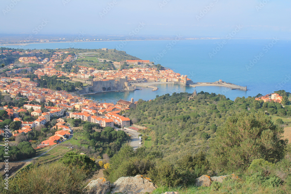The amazing aerial view over Collioure from Fort Saint Elme, Vermeille coast, France