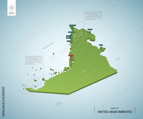 Stylized map of United Arab Emirates. Isometric 3D green map with cities, borders, capital Abu Dhabi, regions. Vector illustration. Editable layers clearly labeled. English language.