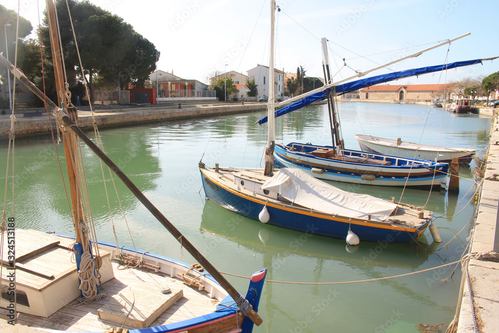 Traditional boats in Frontignan, a seaside resort in the Mediterranean sea, Herault, Occitanie, France